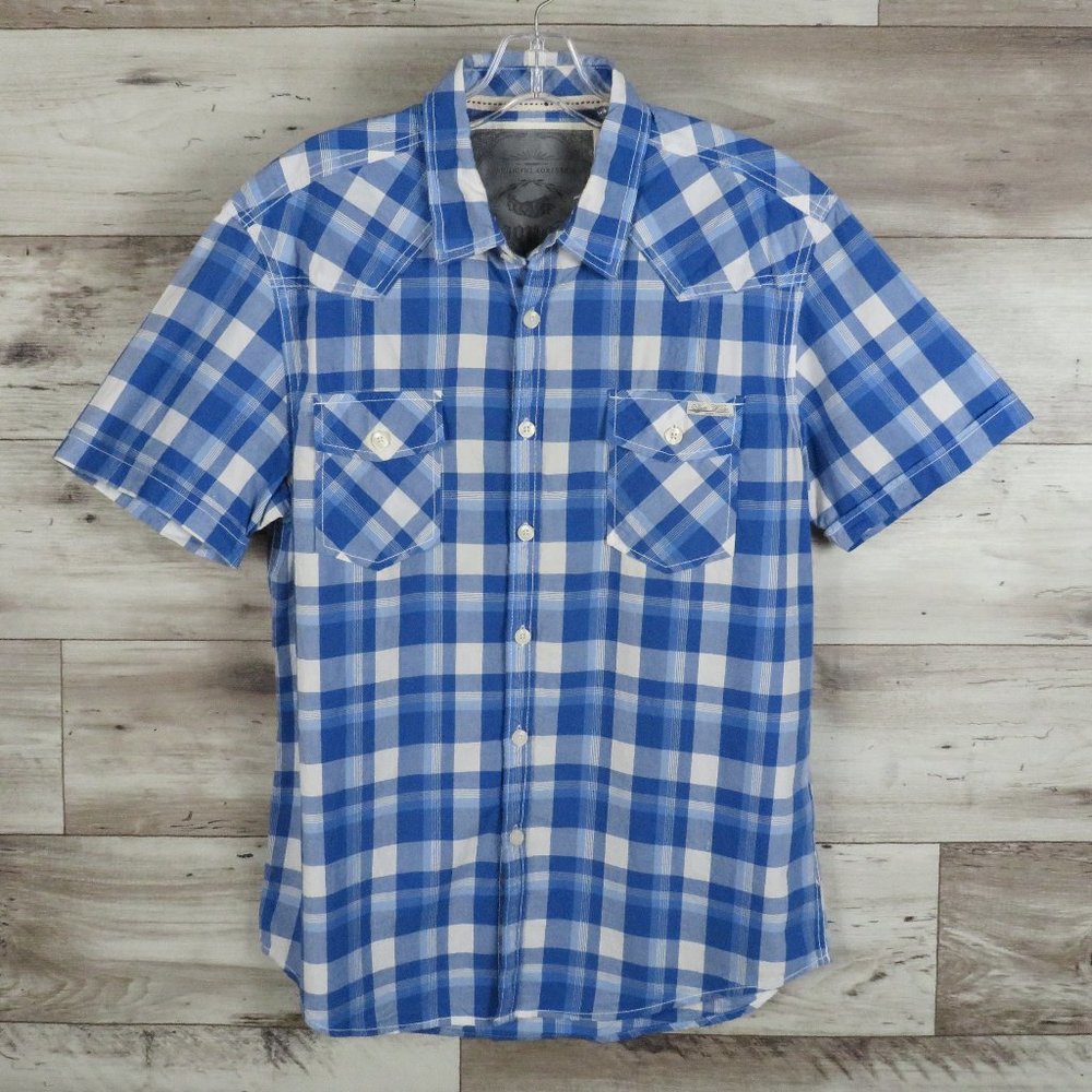 Slade Wilder*Men's Short Sleeve Button Down Curved Hem Chest Pockets Shirt~Large